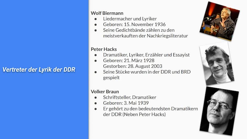 LYRIK DER DDR
Alea, Dana, Johanna, Erik INHALTSVERZEICHNIS
1.
2.
3.
4.
5.
6.
Allgemein geschichtlicher/politischer Hintergrund
Weltbild bzw.
