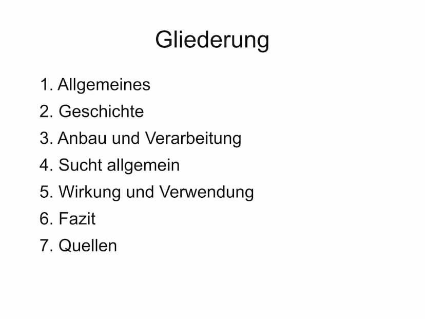 Kokain und seine Wirkung 1. Allgemeines
2. Geschichte
Gliederung
3. Anbau und Verarbeitung
4. Sucht allgemein
5. Wirkung und Verwendung
6. F