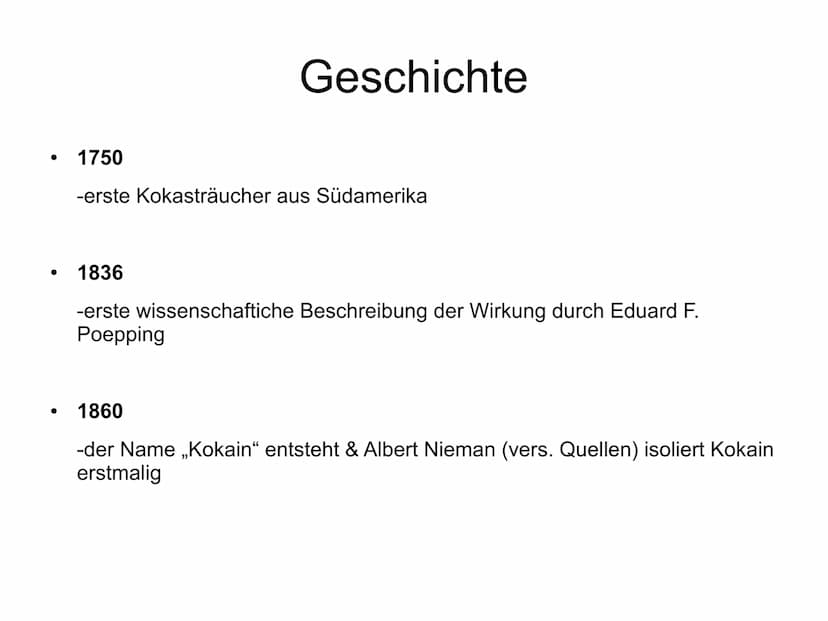 Kokain und seine Wirkung 1. Allgemeines
2. Geschichte
Gliederung
3. Anbau und Verarbeitung
4. Sucht allgemein
5. Wirkung und Verwendung
6. F