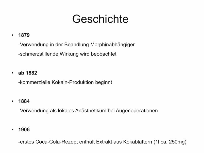 Kokain und seine Wirkung 1. Allgemeines
2. Geschichte
Gliederung
3. Anbau und Verarbeitung
4. Sucht allgemein
5. Wirkung und Verwendung
6. F