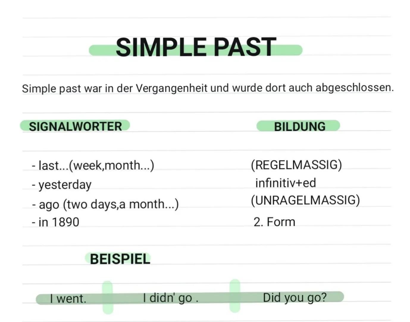 SIMPLE PAST
Simple past war in der Vergangenheit und wurde dort auch abgeschlossen.
SIGNALWORTER
- last...(week,month...)
- yesterday
- ago 