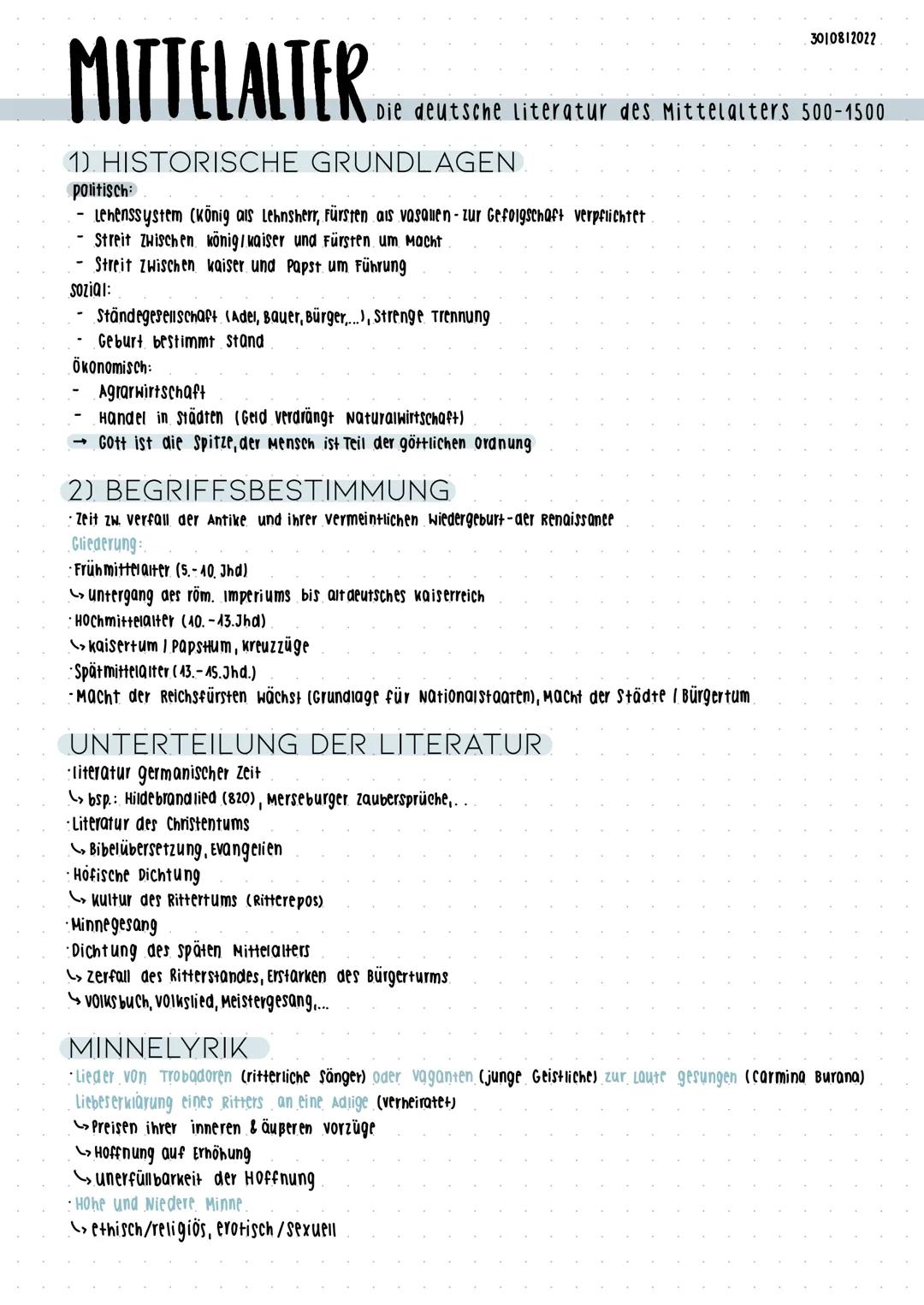 1. Mittelalter MITTELALTER
1). HISTORISCHE GRUNDLAGEN
politisch:
Lehenssystem (König als Lehnsherr, Fürsten ais vasallen - zur Gefolgschaft 