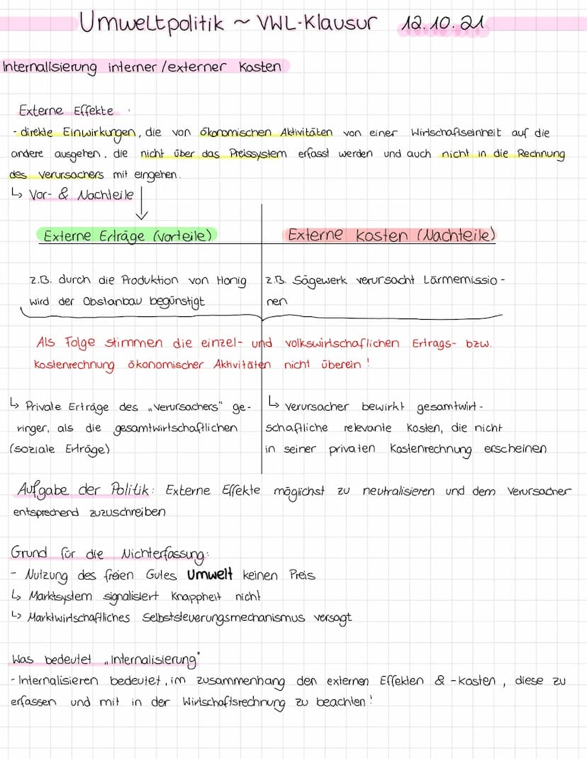 Umweltpolitik VWL-Klausur 12.10.21
Themen
Emissionen
Imissionen
· Internalisierung externer Kasten/Effekte
·Externe Erträge /-kasten
Prinzip