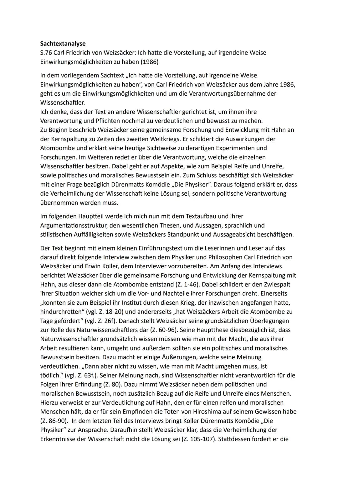 Sachtextanalyse
S.76 Carl Friedrich von Weizsäcker: Ich hatte die Vorstellung, auf irgendeine Weise
Einwirkungsmöglichkeiten zu haben (1986)