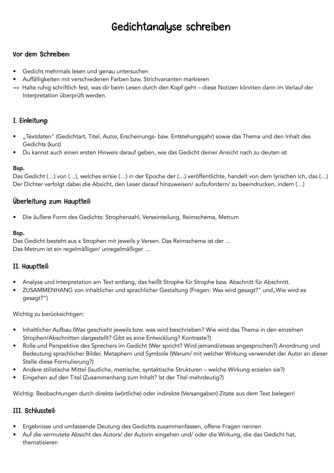 Zur äußeren Form:
.
Gedichte analysieren und interpretieren - "Checkliste"
Regelmäßig oder unregelmäßig gebaut" (Abschnitte/ Strophen/ Verse