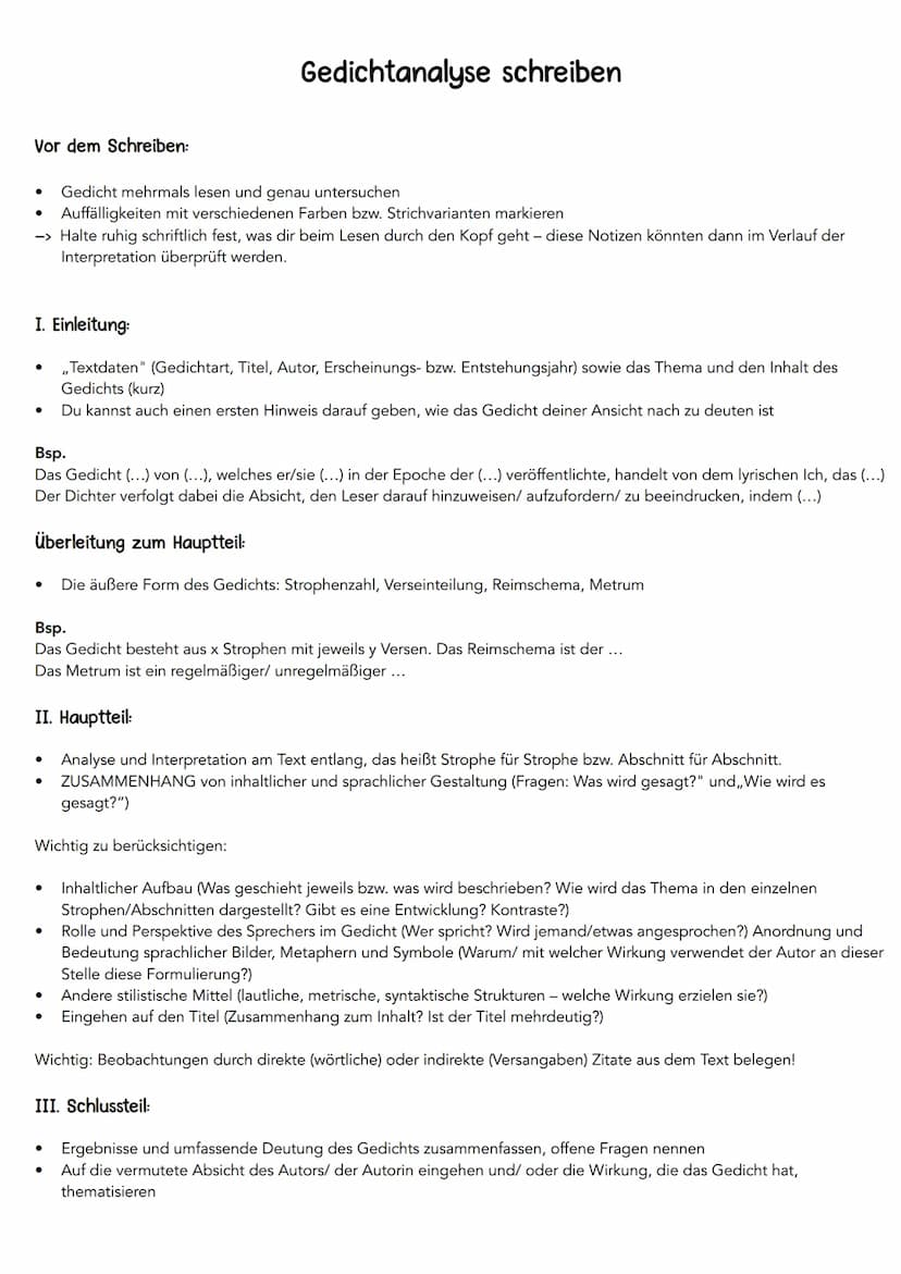 Zur äußeren Form:
.
Gedichte analysieren und interpretieren - "Checkliste"
Regelmäßig oder unregelmäßig gebaut" (Abschnitte/ Strophen/ Verse