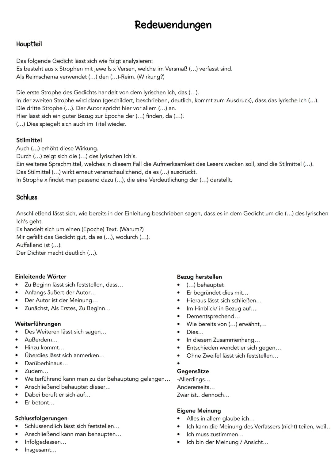 Zur äußeren Form:
.
Gedichte analysieren und interpretieren - "Checkliste"
Regelmäßig oder unregelmäßig gebaut" (Abschnitte/ Strophen/ Verse