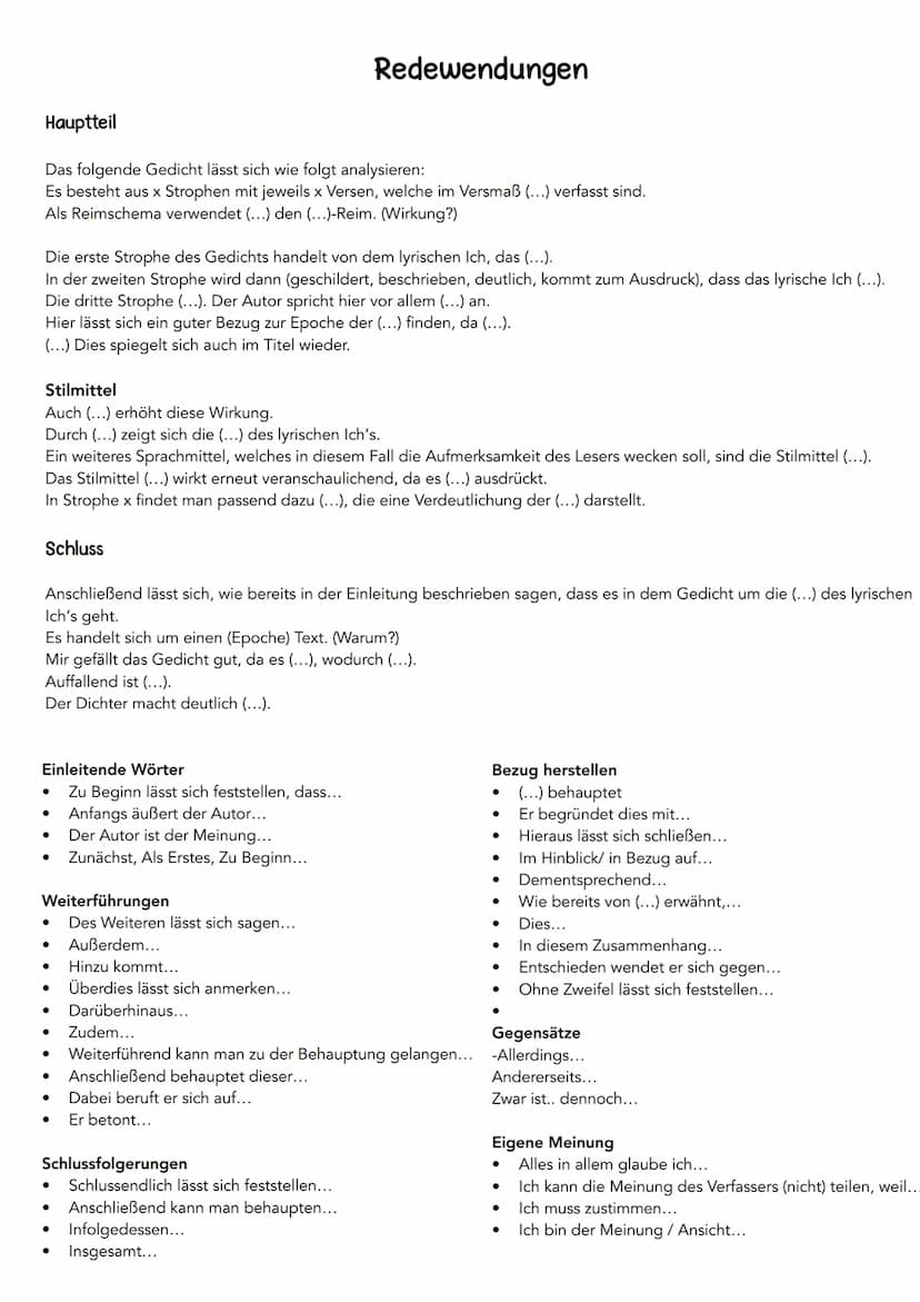 Zur äußeren Form:
.
Gedichte analysieren und interpretieren - "Checkliste"
Regelmäßig oder unregelmäßig gebaut" (Abschnitte/ Strophen/ Verse