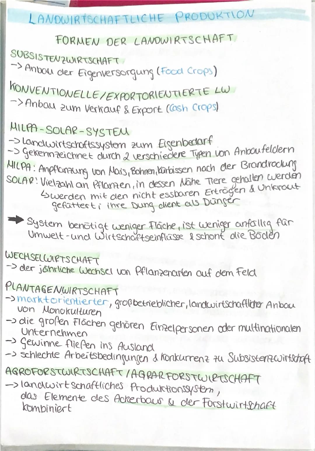 --- OCR Start ---
LANDWIRTSCHAFTLICHE PRODUKTION
FORMEN DER LANDWIRTSCHAFT
SUBSISTENZWIRTSCHAFT
-> Anbau der Eigenversorgung (Food Crops)
KO