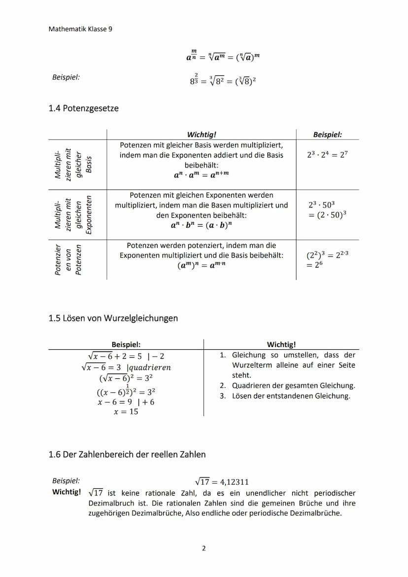 Mathematik Klasse 9
1. POTENZIEREN, RADIZIEREN UND POTENZGESETZTE
1.1 Wiederholung der Grundlagen
Wichtig!
Beispiel:
Wichtig!
Beispiel:
Beac