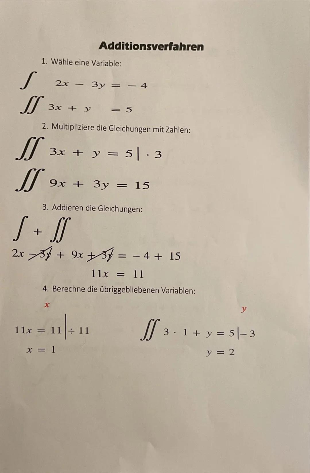 # Additionsverfahren

1. Wähle eine Variable:

$\int$ 2x- 3y = - 4

$\int\int$ 3x + y = 5

2. Multipliziere die Gleichungen mit Zahlen:

$\i