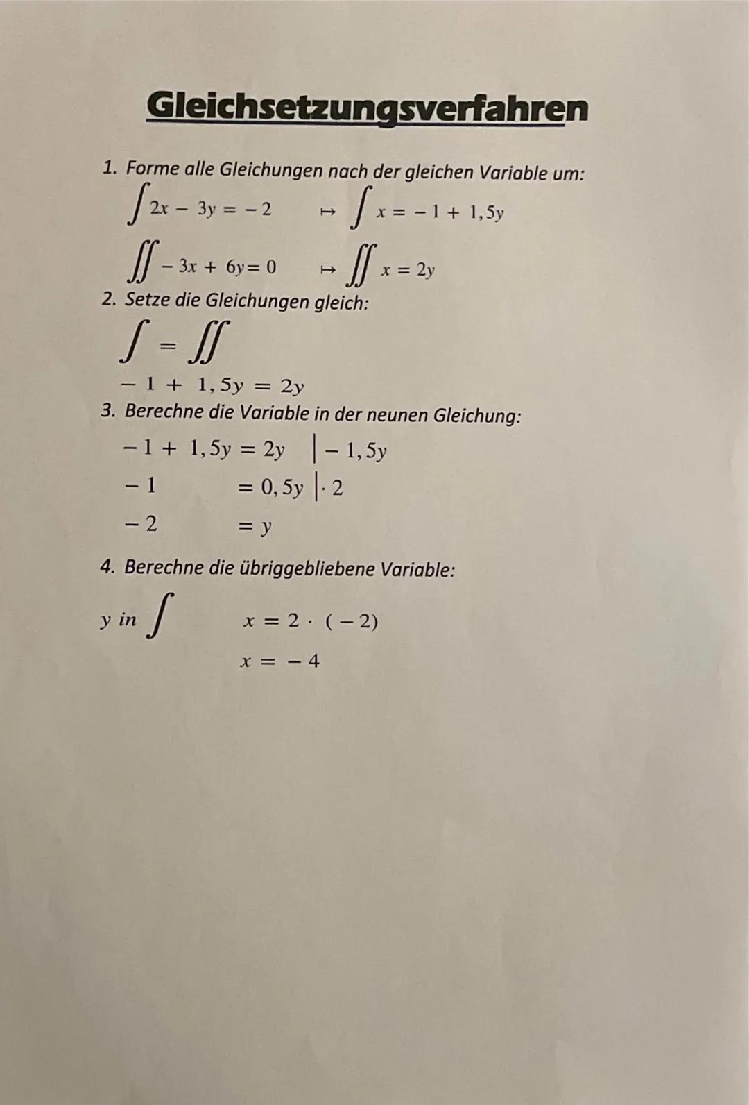 # Additionsverfahren

1. Wähle eine Variable:

$\int$ 2x- 3y = - 4

$\int\int$ 3x + y = 5

2. Multipliziere die Gleichungen mit Zahlen:

$\i