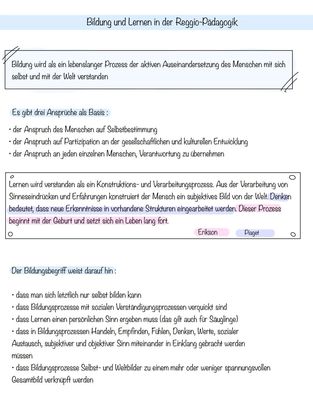 Reggio Pädagogik
W
Stooth Zur Vorbereitung auf die Klausur eine Übersicht über zentrale Inhalte der Reggio
Pädagogik:
Grundannahmen/Ziele
Bi