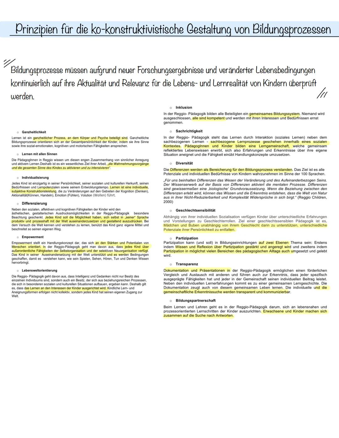 Reggio Pädagogik
W
Stooth Zur Vorbereitung auf die Klausur eine Übersicht über zentrale Inhalte der Reggio
Pädagogik:
Grundannahmen/Ziele
Bi