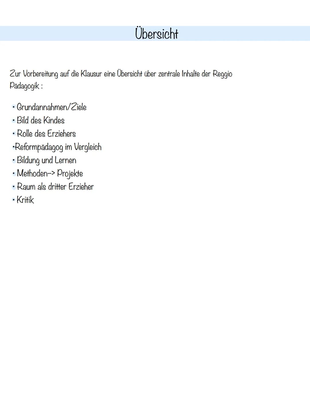 Reggio Pädagogik
W
Stooth Zur Vorbereitung auf die Klausur eine Übersicht über zentrale Inhalte der Reggio
Pädagogik:
Grundannahmen/Ziele
Bi