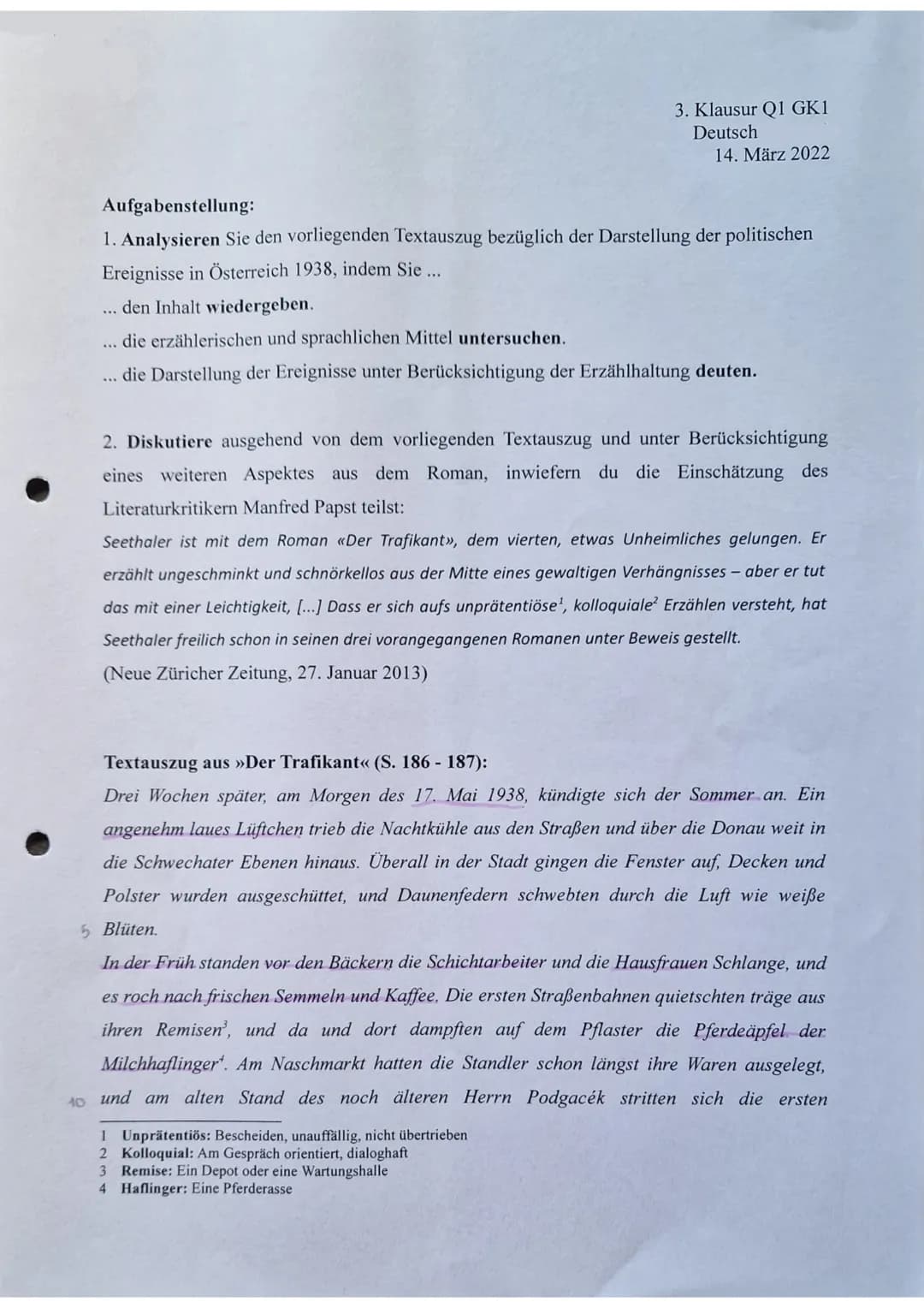 40
Aufgabenstellung:
1. Analysieren Sie den vorliegenden Textauszug bezüglich der Darstellung der politischen
Ereignisse in Österreich 1938,