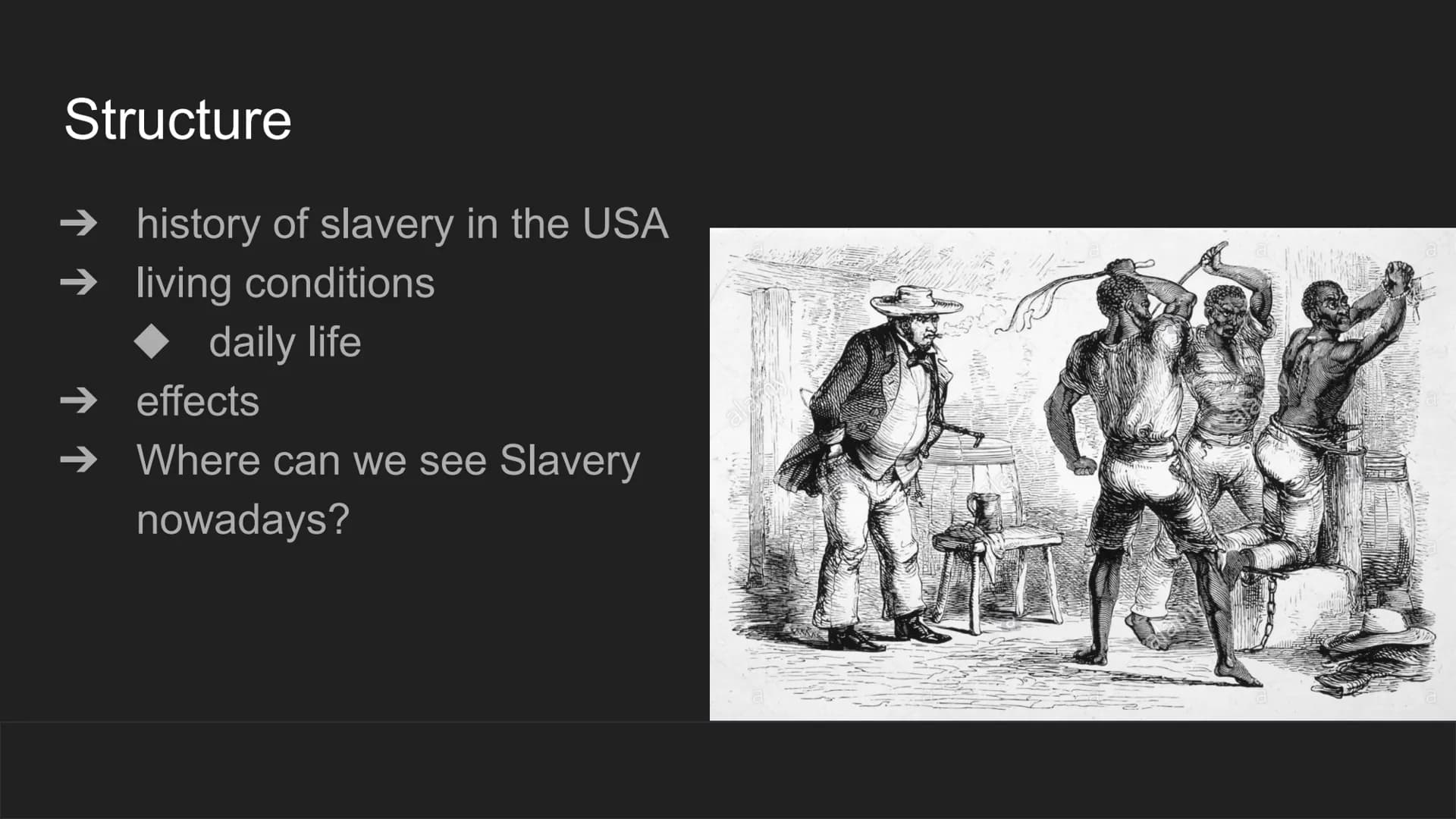 Slavery in America Structure
history of slavery in the USA
➜
→ living conditions
daily life
effects
Where can we see Slavery
nowadays?
alany