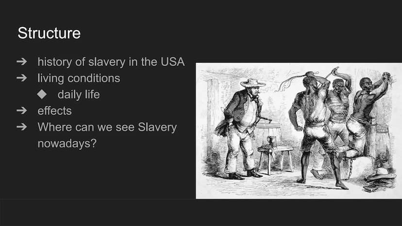 Slavery in America Structure
history of slavery in the USA
➜
→ living conditions
daily life
effects
Where can we see Slavery
nowadays?
alany