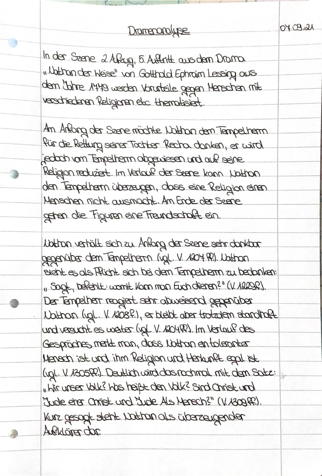 Dramenanalyse
In der Szene 2. Aufzug, 5. Auftritt aus dem Drama
"Nathan der Weise von Gotthold Ephraim Lessing aus
dem Jahre 1449 werden Vor