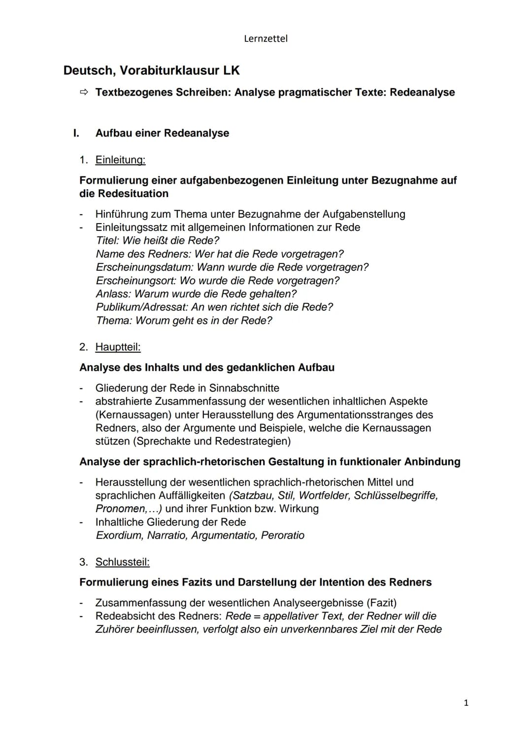 Deutsch, Vorabiturklausur LK
➡ Textbezogenes Schreiben: Analyse pragmatischer Texte: Redeanalyse
I. Aufbau einer Redeanalyse
Lernzettel
1. E
