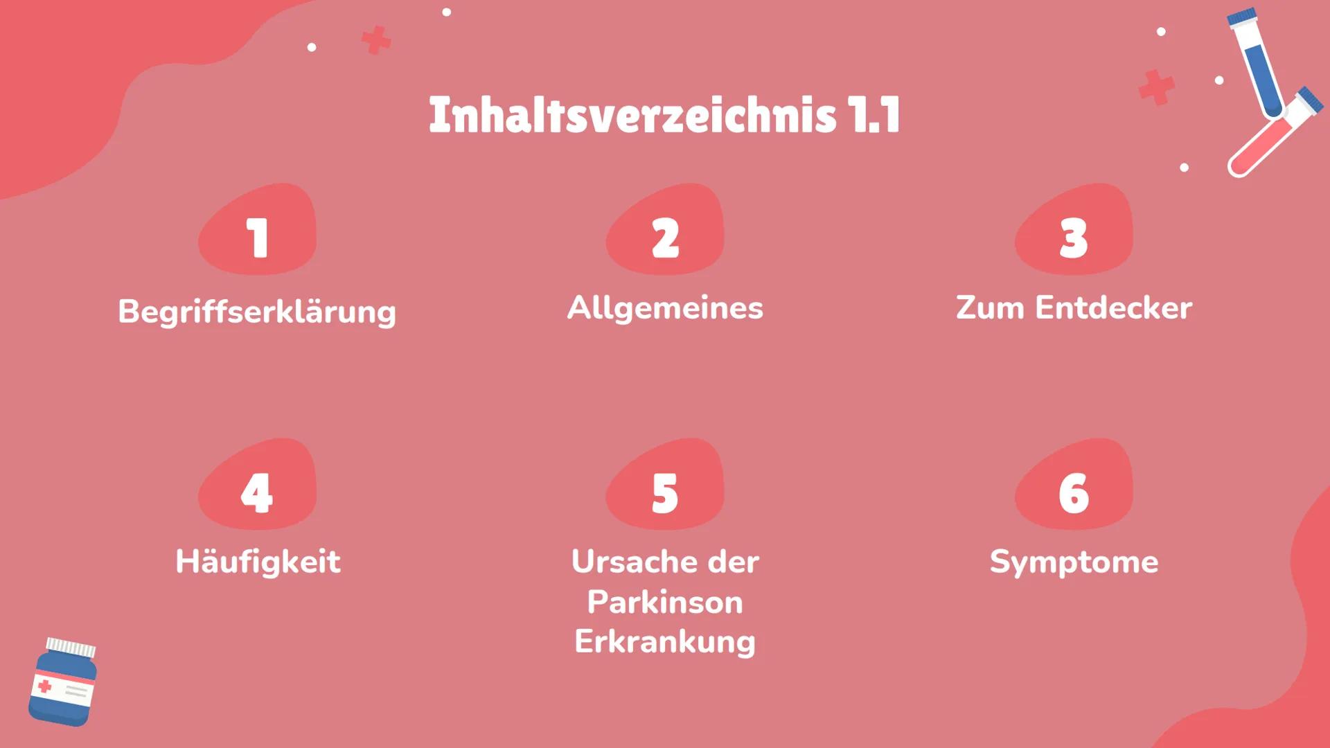 Morbus
Parkinson 1
Begriffserklärung
4
Häufigkeit
Inhaltsverzeichnis 1.1
2
Allgemeines
5
Ursache der
Parkinson
Erkrankung
3
Zum Entdecker
6
