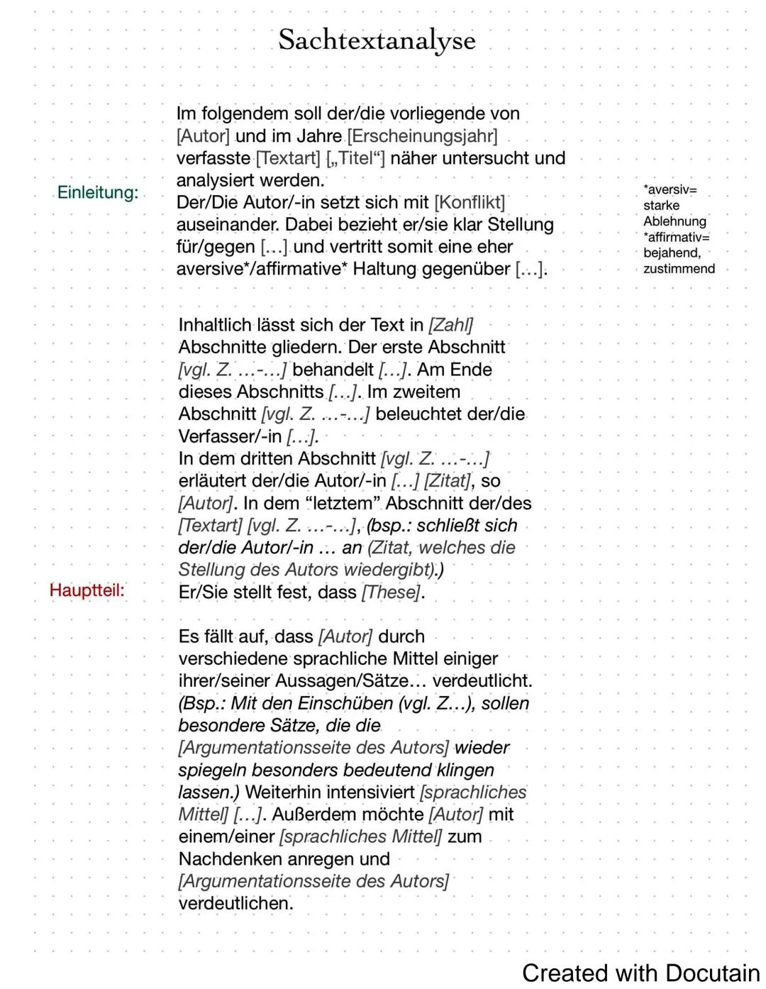 Einleitung:

Hauptteil:

Sachtextanalyse

Im folgendem soll der/die vorliegende von
[Autor] und im Jahre [Erscheinungsjahr]
verfasste [Texta