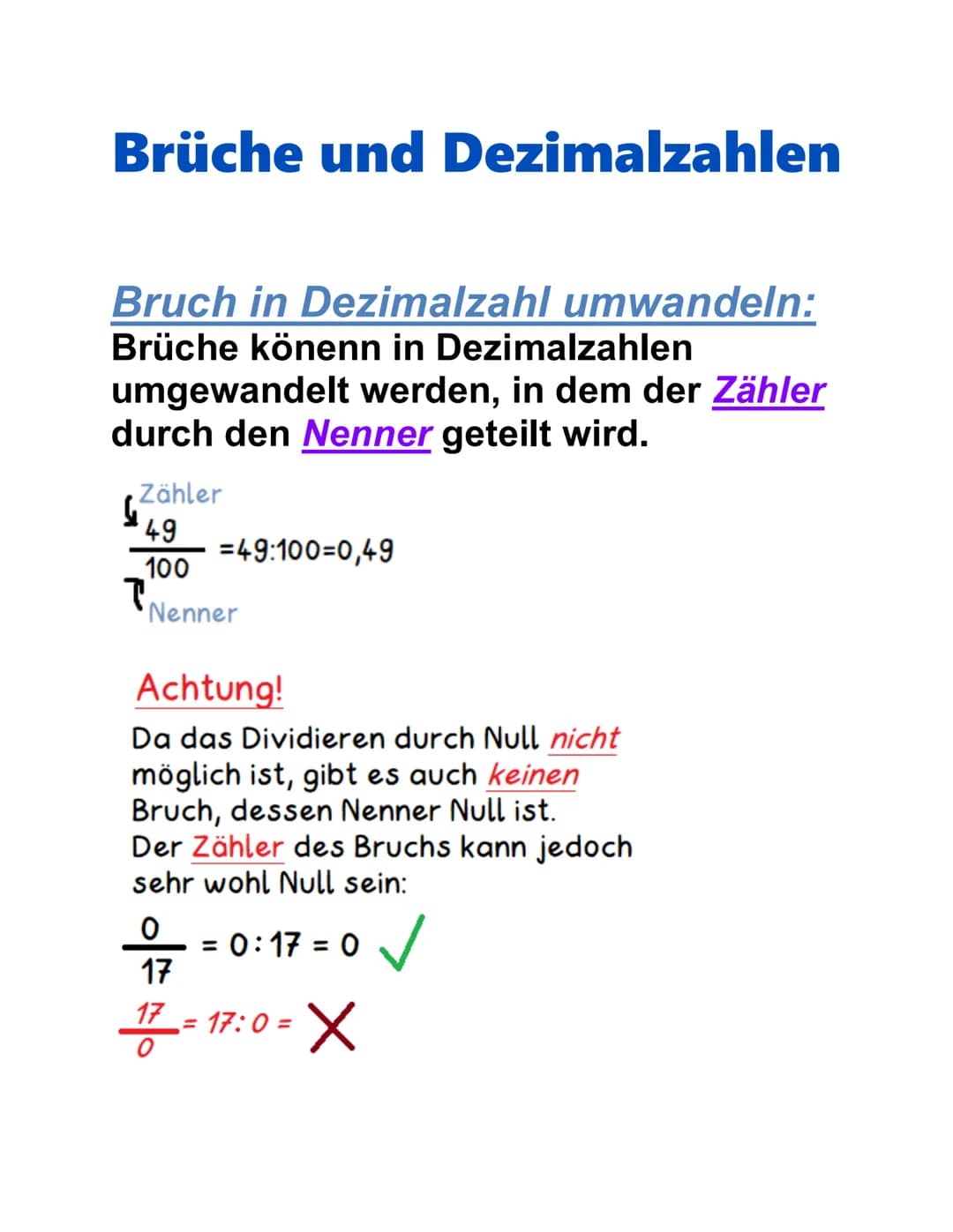Brüche und Dezimalzahlen
Bruch in Dezimalzahl umwandeln:
Brüche könenn in Dezimalzahlen
umgewandelt werden, in dem der Zähler
durch den Nenn