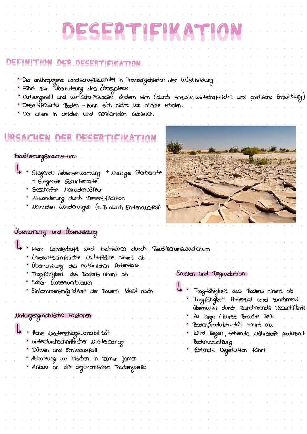 DEFINITION DER DESERTIFIKATION
• Der anthropogene Landschaftswandel in Trockengebieten der Wüstbildung
übemutzung des Ökosystems
• Führt zur