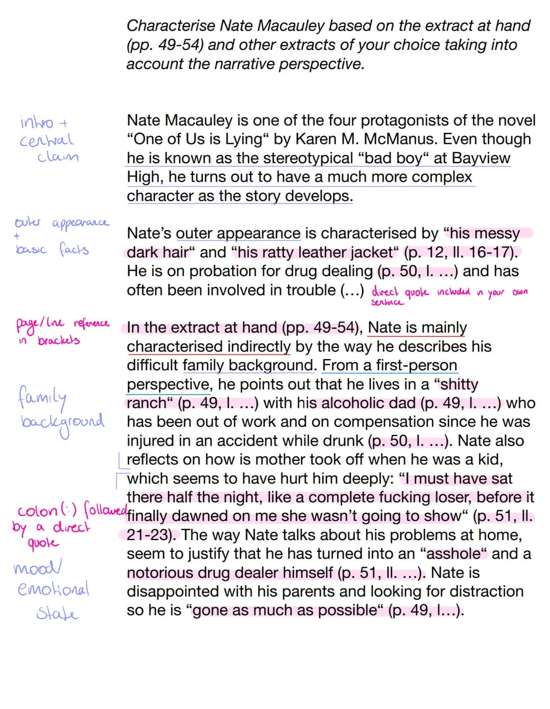 intro +
central
claim
outer
+
basic facts
appearance
Characterise Nate Macauley based on the extract at hand
(pp. 49-54) and other extracts 