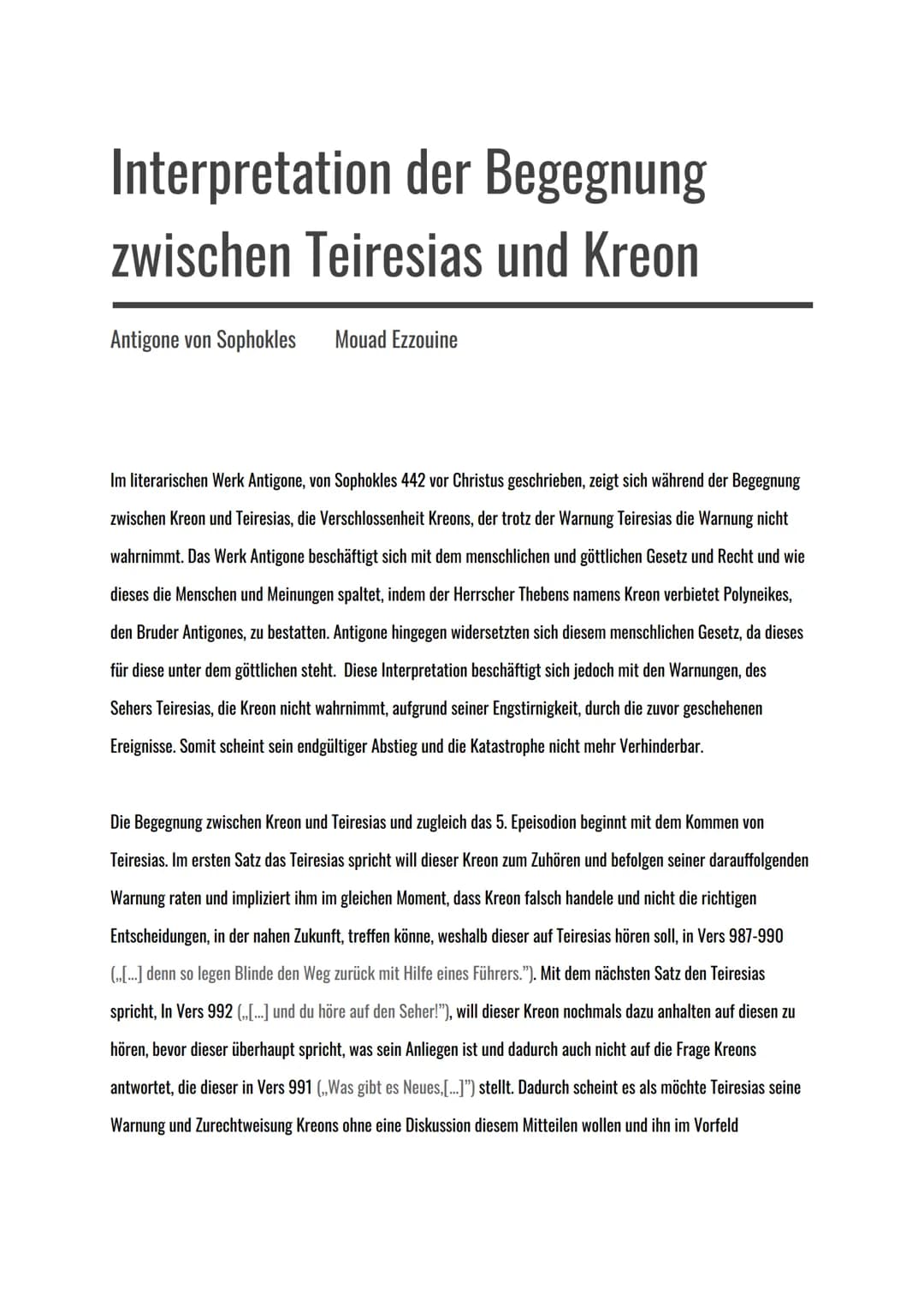 Interpretation der Begegnung
zwischen Teiresias und Kreon
Antigone von Sophokles
Mouad Ezzouine
Im literarischen Werk Antigone, von Sophokle