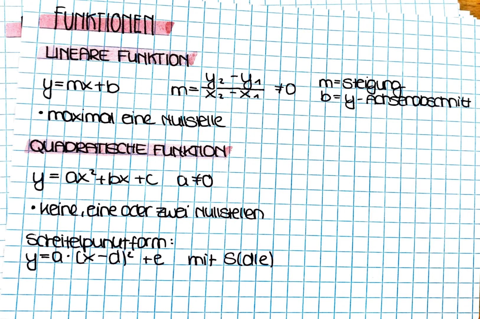 Analysis FUNKTIONEN
LINEARE FUNKTION
y=mx+b
• maximal eine Hullstelle
QUADRATISCHE FUNKTION
= ax²+bx+C a fo
Y₂_Y₁ +0
2
#0
m=x₂-x^
2
y =
• ke