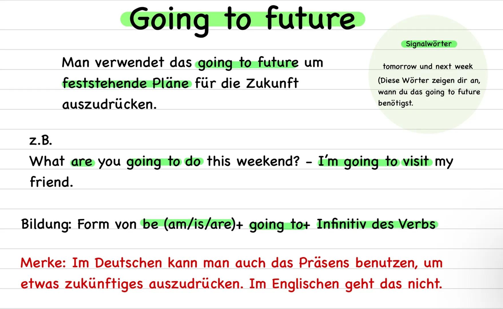 # Going to future

Man verwendet das going to future um
feststehende Pläne für die Zukunft
auszudrücken.

z.B.

What are you going to do thi