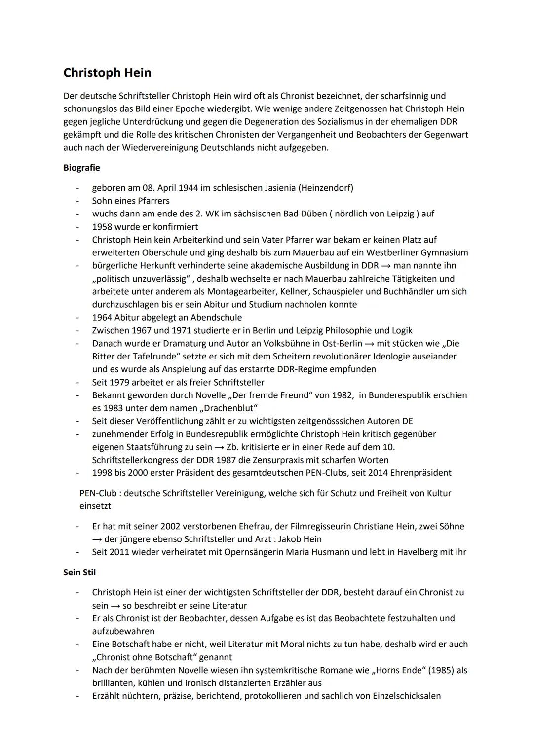 Christoph Hein
Der deutsche Schriftsteller Christoph Hein wird oft als Chronist bezeichnet, der scharfsinnig und
schonungslos das Bild einer