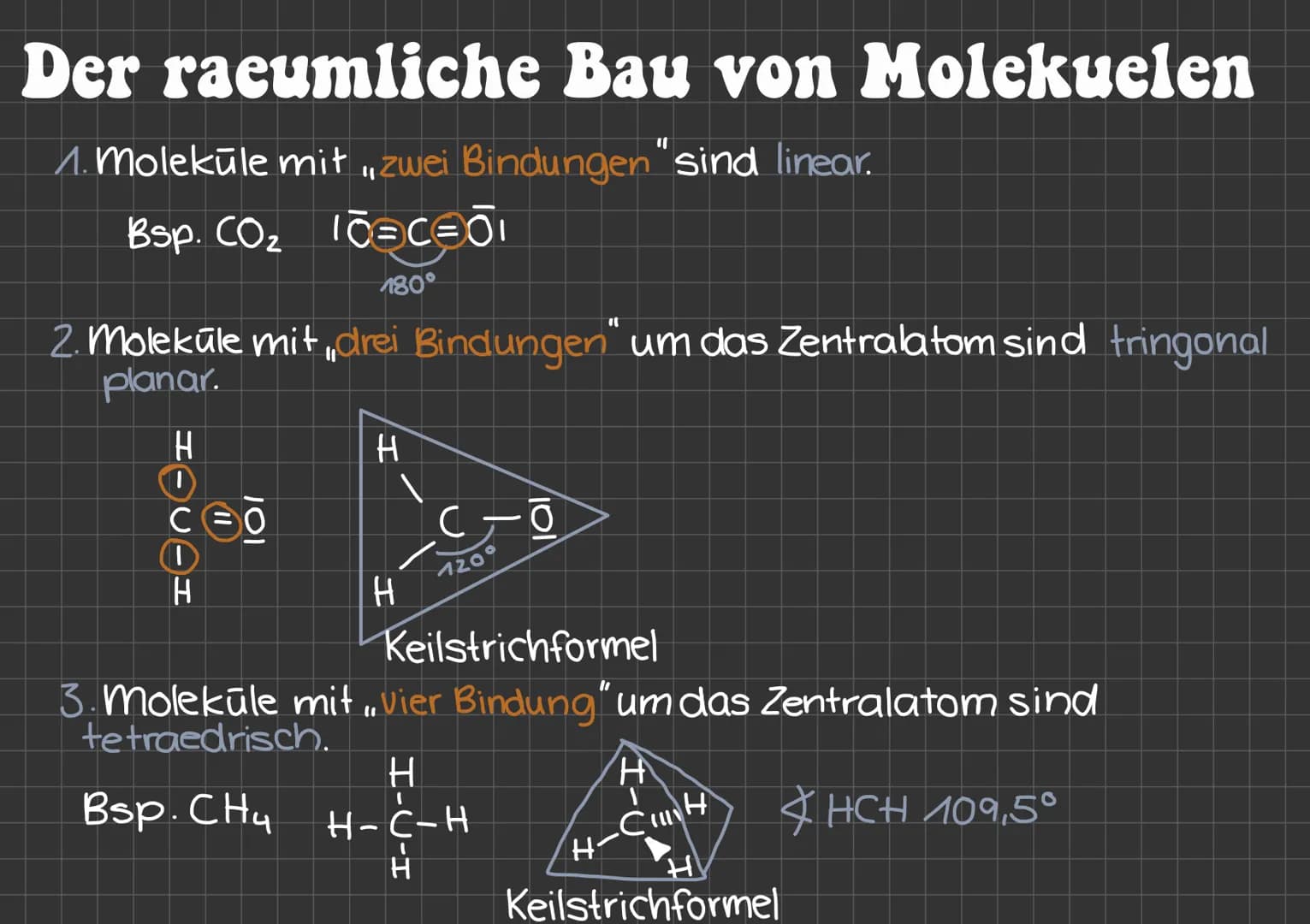 Der raeumliche Bau von Molekuelen
1. Molekule mit zwei Bindungen sind linear.
Bsp. CO₂
1030001
180°
2. Molekule mit, drei Bindungen" um das 