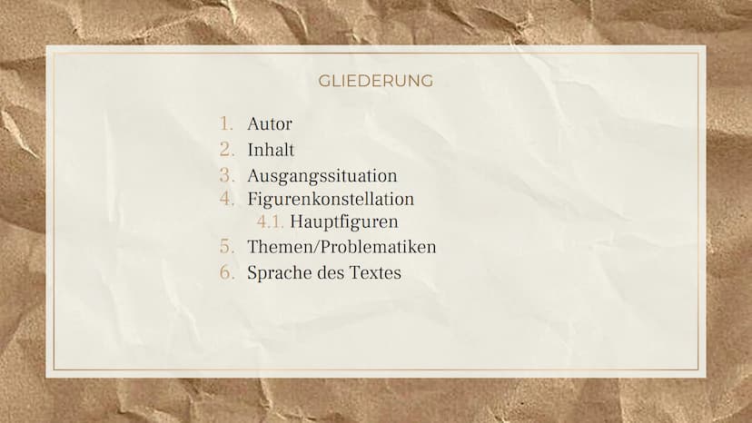Der Vorleser
-Bernhard Schlink GLIEDERUNG
1. Autor
2. Inhalt
4.
3. Ausgangssituation
Figurenkonstellation
4.1. Hauptfiguren
Themen/Problemat