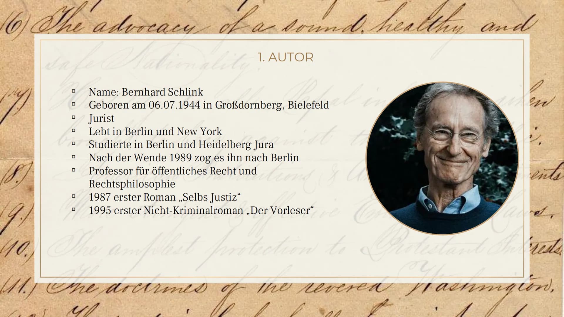 Der Vorleser
-Bernhard Schlink GLIEDERUNG
1. Autor
2. Inhalt
4.
3. Ausgangssituation
Figurenkonstellation
4.1. Hauptfiguren
Themen/Problemat