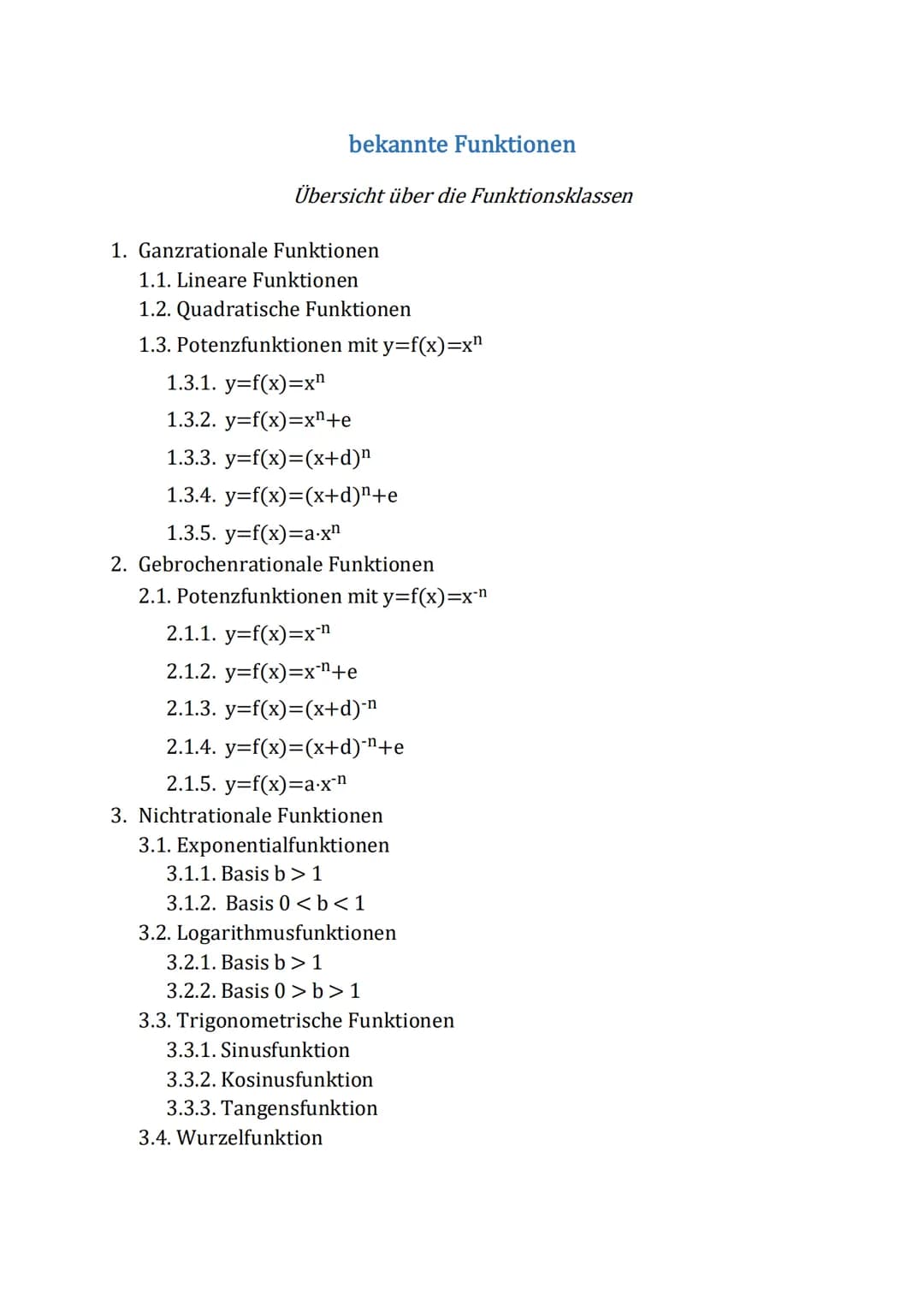 bekannte Funktionen
Übersicht über die Funktionsklassen
1. Ganzrationale Funktionen
1.1. Lineare Funktionen
1.2. Quadratische Funktionen
1.3