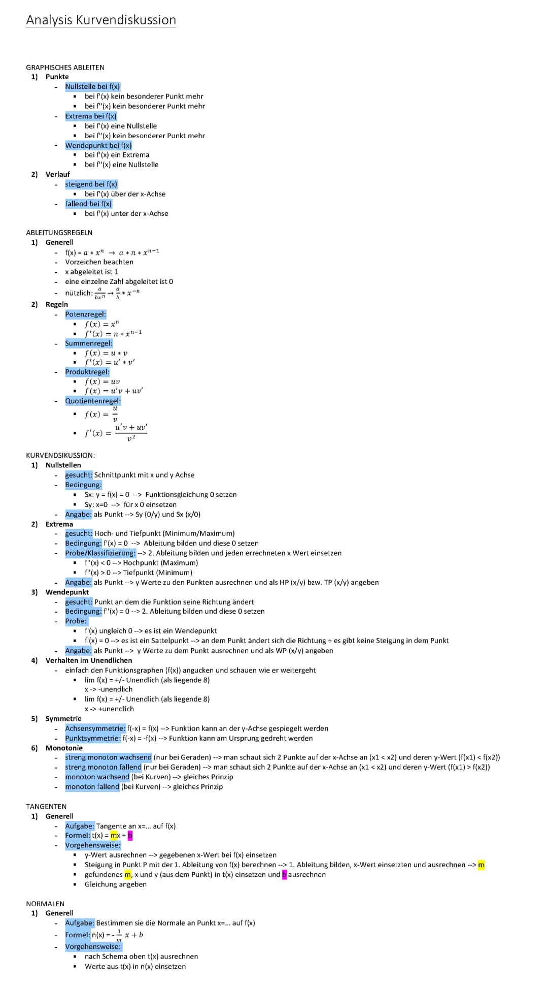 Lernzettel Kurvendiskussion
