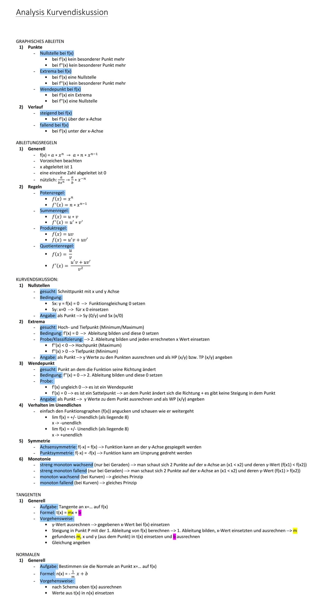 Analysis Kurvendiskussion
GRAPHISCHES ABLEITEN
1) Punkte
Nullstelle bei f(x)
I bei f'(x) kein besonderer Punkt mehr
Extrema bei f(x)
2) Verl