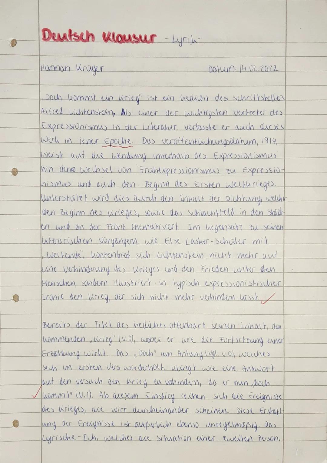 Klausur: Alfred Lichtenstein ,,Doch kommt ein Krieg" - Gedichtinterpretation
Hilfsmittel: Duden
Arbeitszeit: 90 Minuten
Aufgabenstellung:
1.