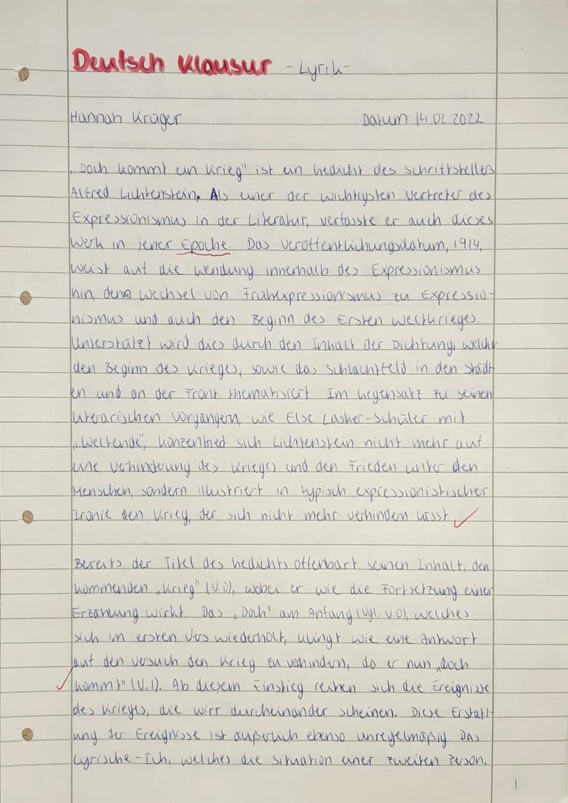 Klausur: Alfred Lichtenstein ,,Doch kommt ein Krieg" - Gedichtinterpretation
Hilfsmittel: Duden
Arbeitszeit: 90 Minuten
Aufgabenstellung:
1.
