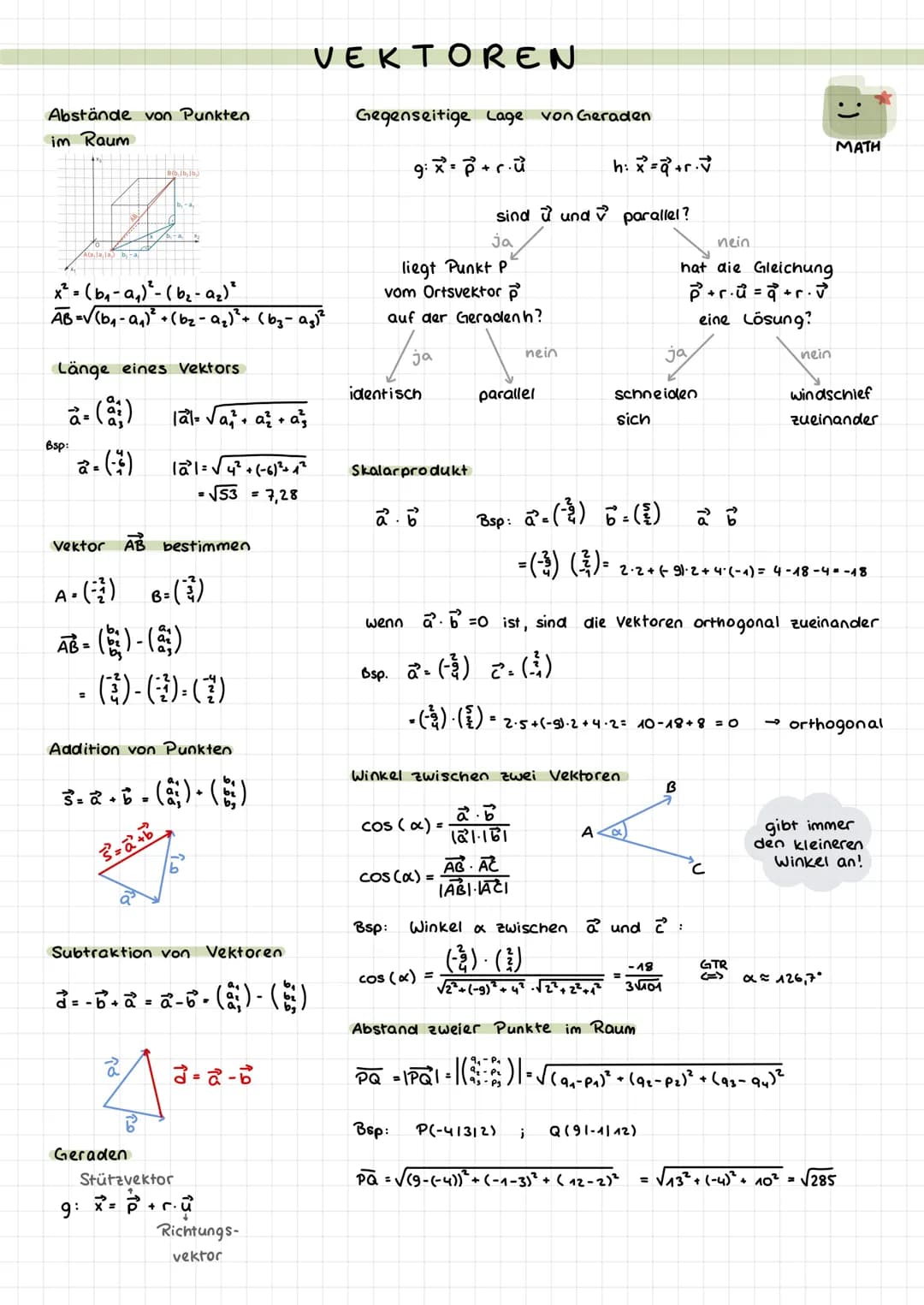 Abstände von Punkten
im Raum
Ala, la, la
x² = (b₁-a₁)²-(b₂-a₂) ²
AB=√(b₁-a₂₁)²+(b₂-a₂)² + (b₂-ag) ²
Länge eines Vektors
a- (â)
Bsp:
Vektor A