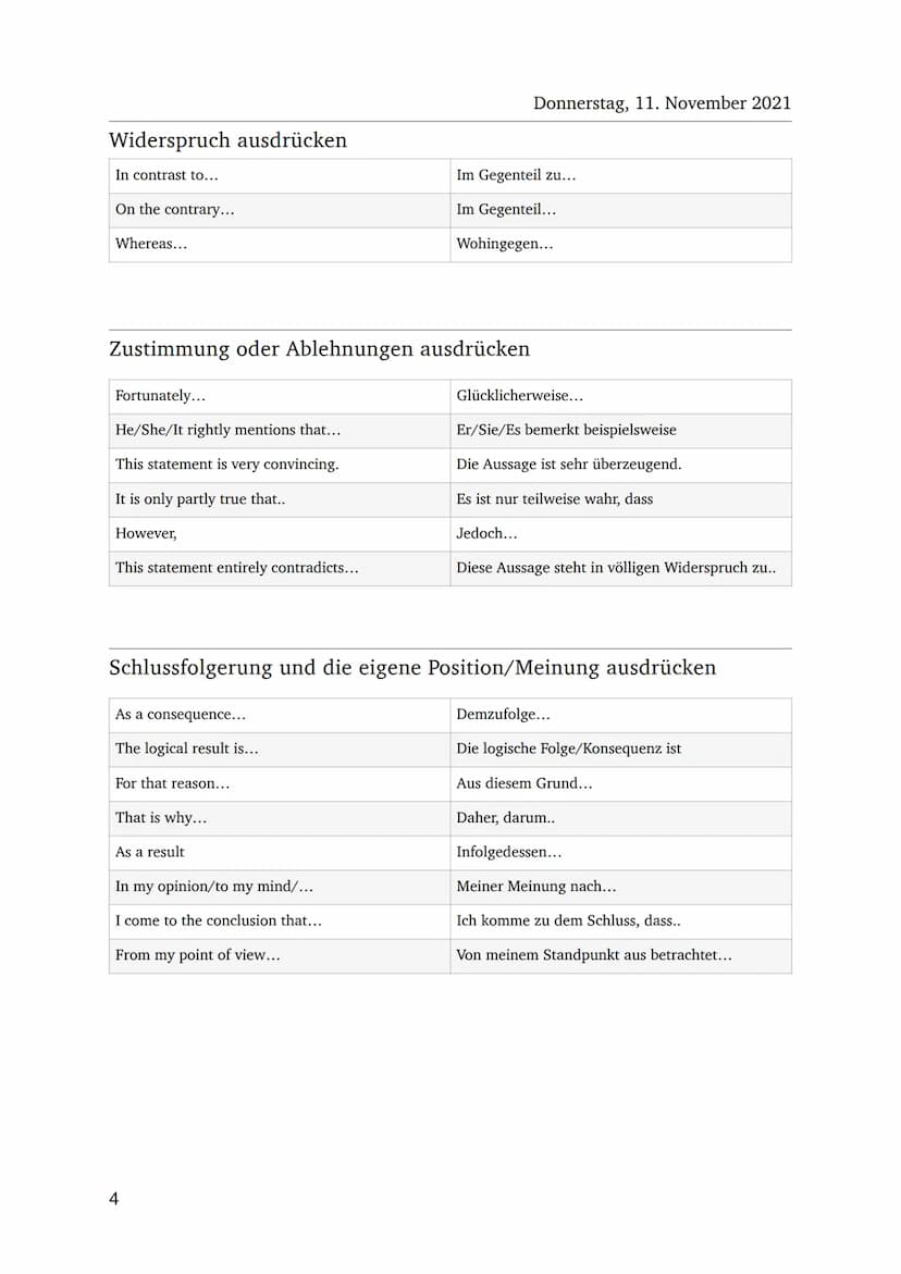 Mündliche Prüfung
Aufzählungen von Ideen, Fakten und Gründen
first (ly),. second (ly),..third (ly),..
First and foremost
moreover
furthermor