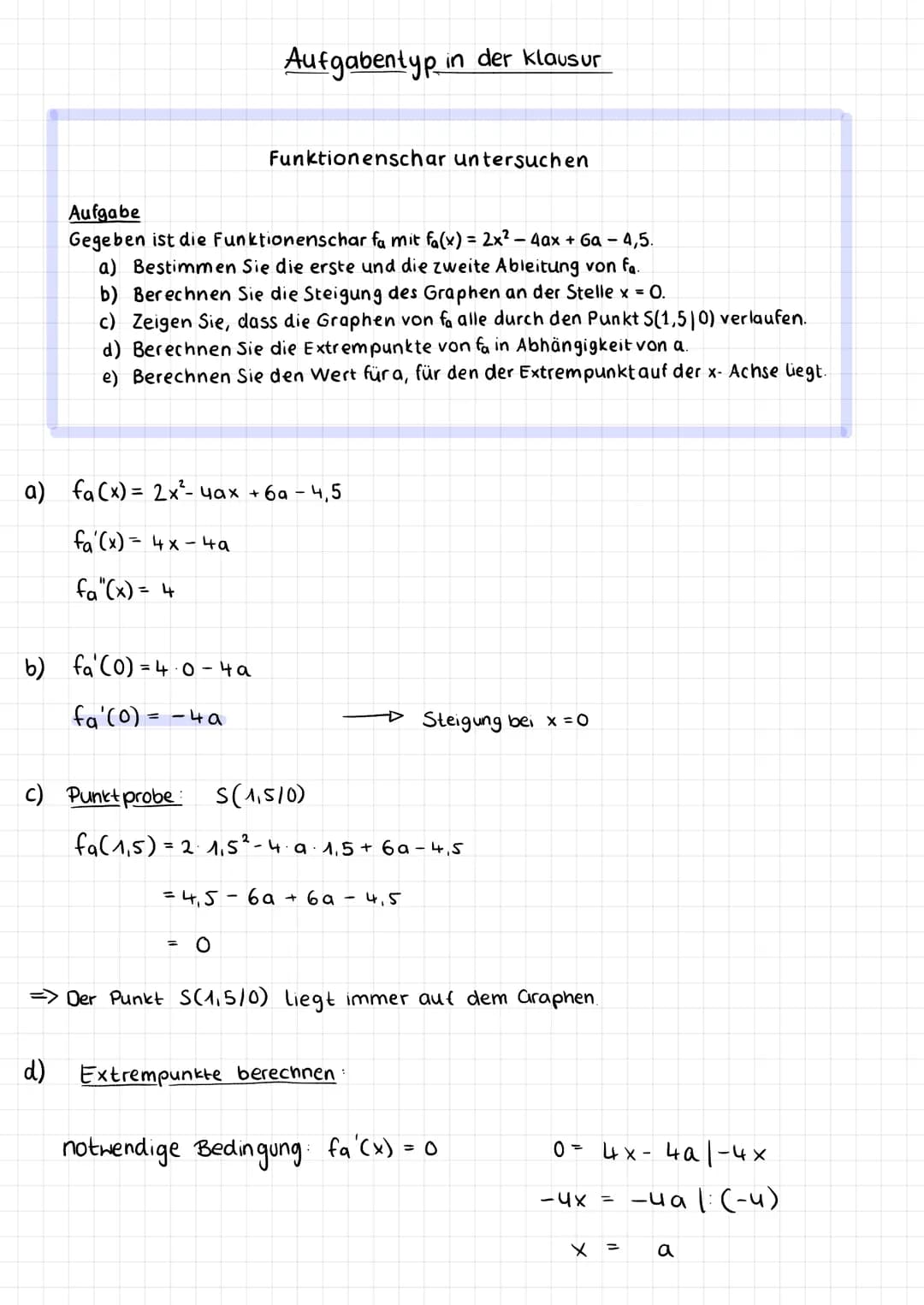 Aufgabe
Gegeben ist die Funktionenschar fa mit fa(x) = 2x² - 4ax + 6a - 4,5.
a) Bestimmen Sie die erste und die zweite Ableitung von fa.
b) 