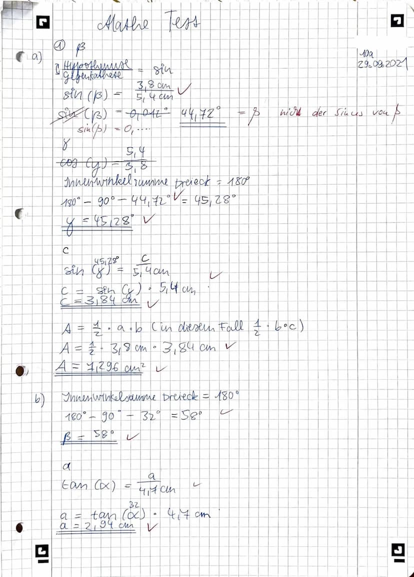 Leistungskontrolle Mathematik
1.
2.
3.
4.
Punkte: 231/29 Zensur: 2
Berechne in den angegebenen Dreiecken die Größe der fehlenden Seiten
und 