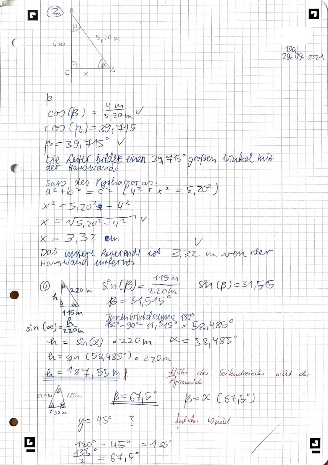 Leistungskontrolle Mathematik
1.
2.
3.
4.
Punkte: 231/29 Zensur: 2
Berechne in den angegebenen Dreiecken die Größe der fehlenden Seiten
und 