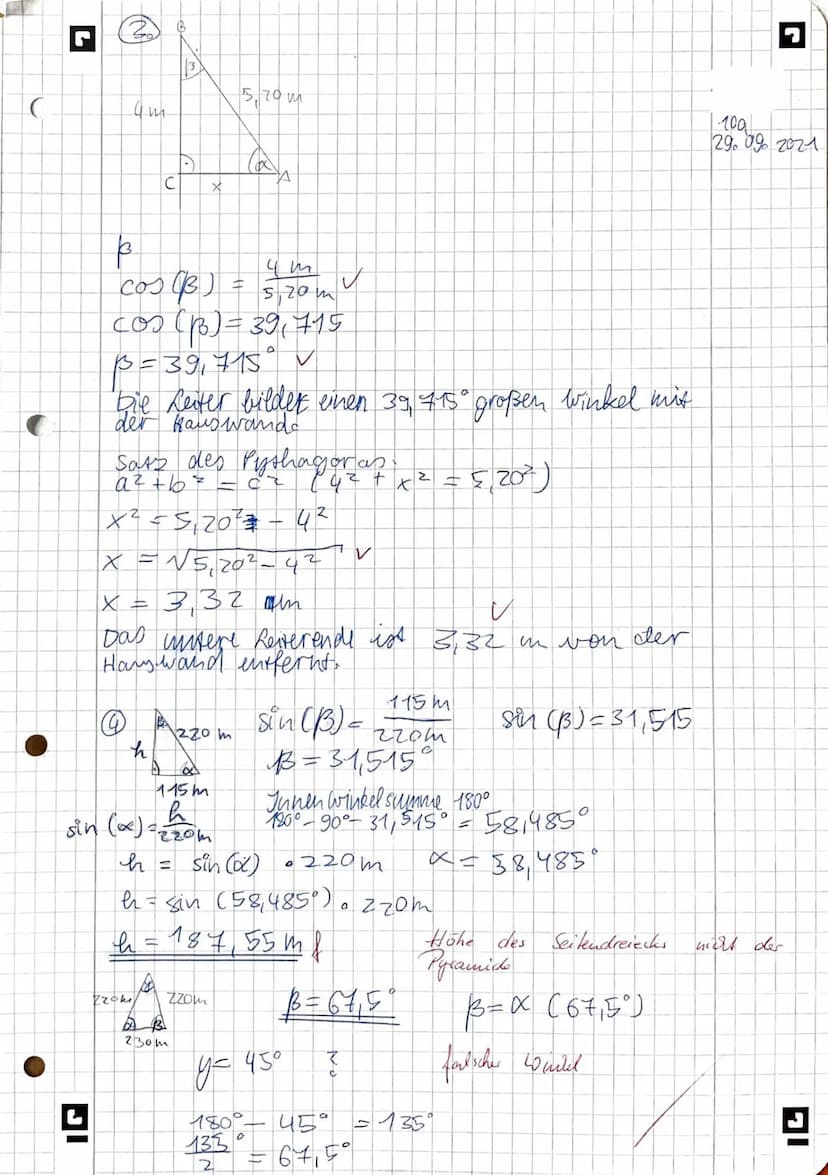 Leistungskontrolle Mathematik
1.
2.
3.
4.
Punkte: 231/29 Zensur: 2
Berechne in den angegebenen Dreiecken die Größe der fehlenden Seiten
und 