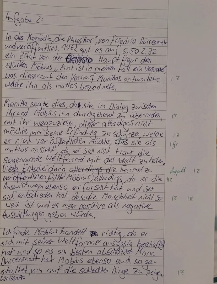 Klausur Nr. 3 - Die Physiker
DEF G5
Name:
Analyse und Interpretation eines literarischen Textes
2.
1. Analysieren Sie den Dialog zwischen Mö