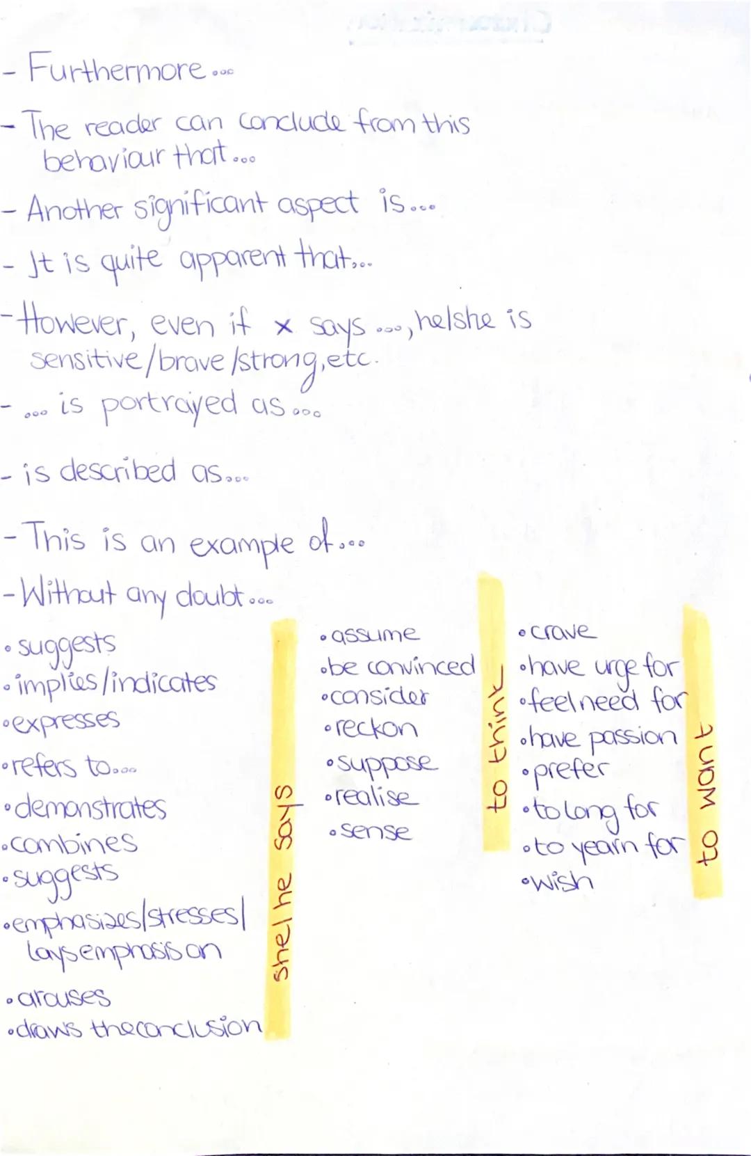 Analysis -> Characterization

direct/explicit: reader is told about character's
 personality

indirect/implicit: reader is expected todraw
 