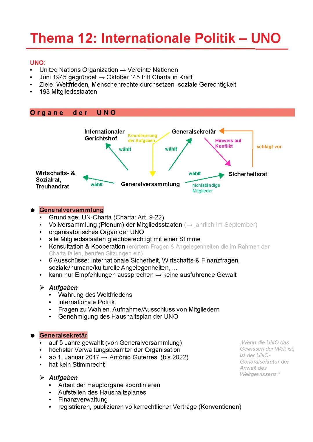 Prüfungsvorbereitung - Internationale Politik - UNO